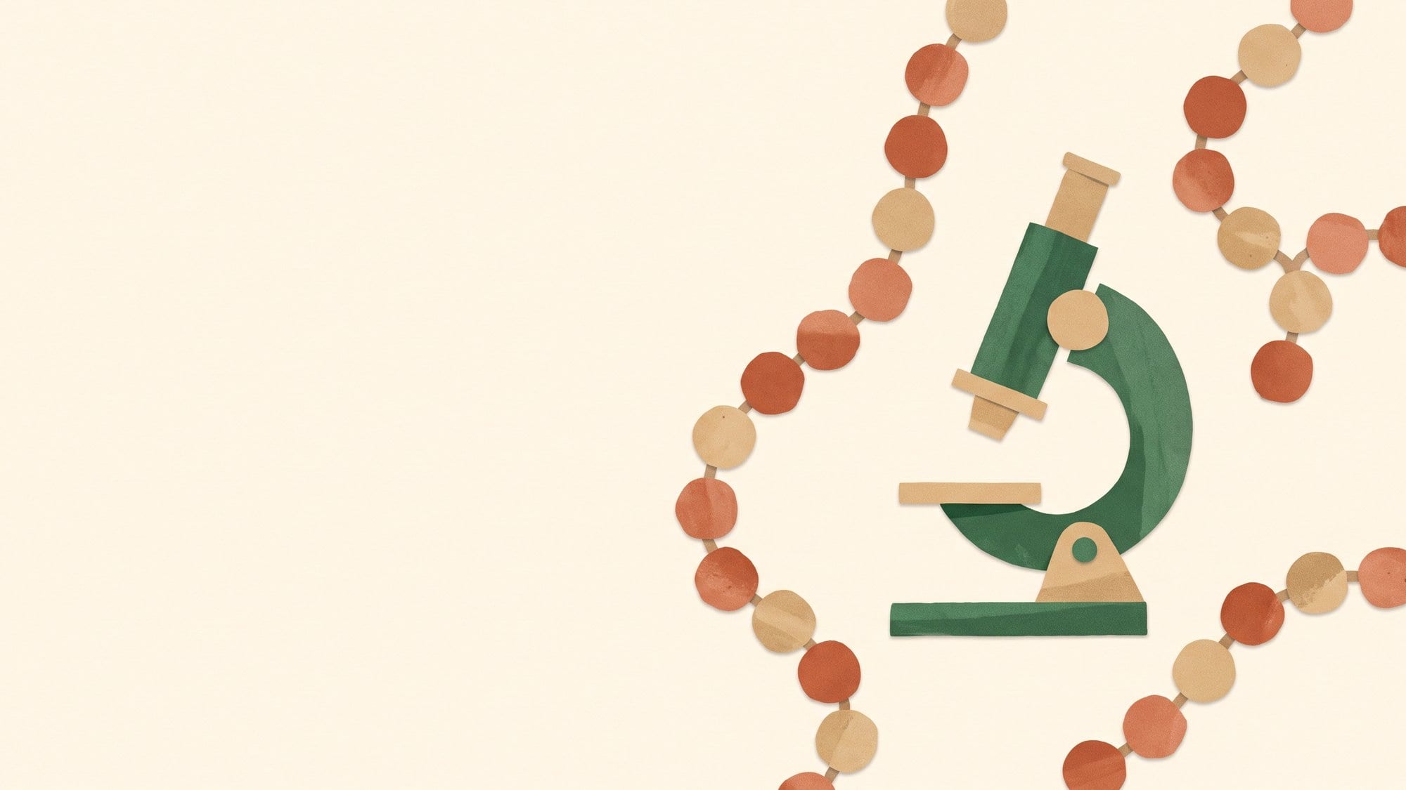 Paper-cut illustration of a chain of beads, like an amino acid chain, curving past a small microscope